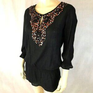 Chicos Top 3 (XL) Pullover Gauzy Sheer Black Elastic Waist Sequins Beaded Blouse
